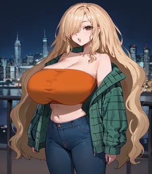 girl standing in the moonlight, zPDXL3,(neghands), score_9, score_7_up, source_anime BREAK 1girl, solo, night, night sky, city lights, looking at viewer, BEBEstyle,Cham22, debbie, blonde hair,hair over one eye, (jacket), green jacket, plaid jacket, jeans, oversized clothes, orange tube top, skindentation, very long hair, wavy hair, big hair, brown eyes, curvy, thick lips, huge mouth, upper teeth only BREAK