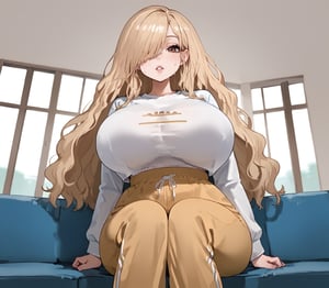 girl sitting on couch, zPDXL3,(neghands), score_9, score_7_up, source_anime BREAK window, living room, 1girl, solo, from below, facing viewer, looking at viewer, BEBEstyle,Cham22, debbie, blonde hair,hair over one eye, wavy hair, long hair, very long hair, big hair, brown eyes, curvy, thick lips, huge mouth, upper teeth only, tanned, narrow waist BREAK gym shirt, sweatpants, skindentation, nike logo, adidas trifoil