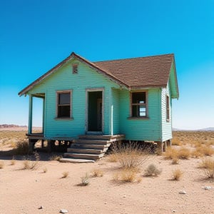 Una casa abandonada de color turquesa en el desierto 