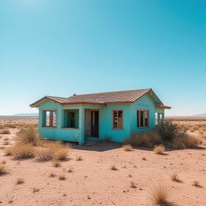 Una casa abandonada de color turquesa en el desierto 