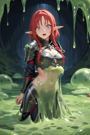 score_9, score_8_up, score_7_up, source_anime, masterpiece, best quality, ((woman, elf, tall, athletic , red hair, black leather armor)), ,afraid , trembling, scared, (cave scenery), caught by slime, (green slime, slime (substance)), arms tied with slime substance, ,nianye,slime \(substance\),vore