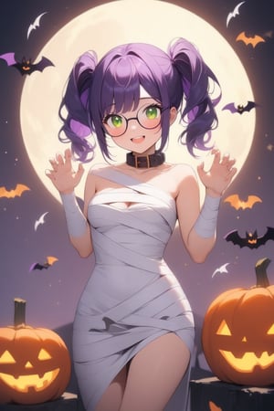 1girl, (purple hair), green eyes, shy, submissive, (hairstyle twintails), (glasses, collar), mummy dress up, Bandage outfit, Full body bandage, (claw pose), bats, cobweb, moon, blush, (simple halloween background), (eyes highlight), standing, ((upper body)), very beautiful girl, smiling, happy, himecut hairstyle, masterpiece quality, stunning image, masterpiece, 8K, stunning image, light particles, attractive image, reflections,  \medium\,Beautiful eyes,