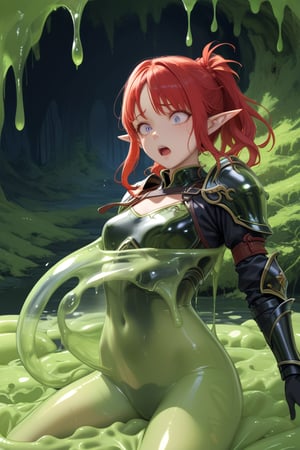 score_9, score_8_up, score_7_up, source_anime, masterpiece, best quality, ((woman, elf, tall, athletic , red hair, black leather armor)), ,afraid , trembling, scared, (cave scenery), caught by slime, (green slime, slime (substance)), tied with slime substance, ,nianye,slime \(substance\),vore