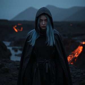 score_9, score_8_up, score_7_up, score_6_up, score_5_up, score_4_up, (masterpiece, 4K, HD), best quality, 20yo girl, light blue hair, wearing a long black hooded leather cloak, completely hidden under the cloak, only her red eyes are visible under the hood, hell scenery, dim dark lighting, walking though hell, walking though lava, walking though pits of hell Expressiveh, 1dk, portrait, ral-lava 