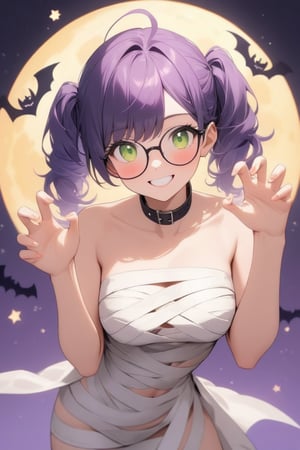 1girl, (purple hair), green eyes, ahoge, (hairstyle twintails), (glasses, collar), mummy dress up, Bandage outfit, Full body bandage, (claw pose), bats, cobweb, moon, blush, (simple halloween background), (eyes highlight), standing, ((upper body)), very beautiful girl, smiling, happy, himecut hairstyle, masterpiece quality, stunning image, masterpiece, 8K, stunning image, light particles, attractive image, reflections,  \medium\,Beautiful eyes,