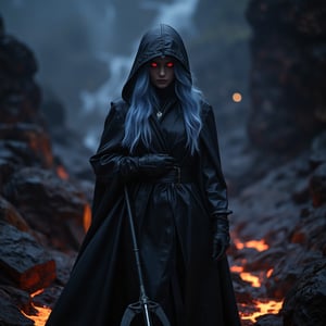 score_9, score_8_up, score_7_up, score_6_up, score_5_up, score_4_up, (masterpiece, 4K, HD), best quality, 20yo girl, long light blue hair, wearing a long black hooded leather cloak, holding a Scythe, completely hidden under the cloak, only her red eyes are visible under the hood, hell scenery, dim dark lighting, walking though hell, walking though lava, walking though pits of hell Expressiveh, 1dk, portrait, ral-lava 