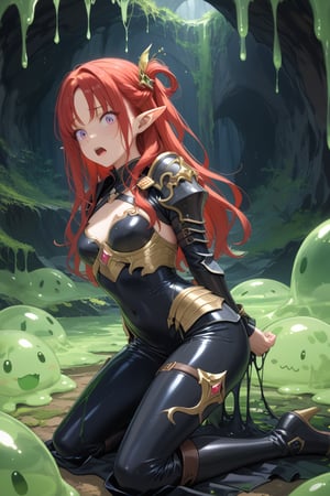 score_9, score_8_up, score_7_up, source_anime, masterpiece, best quality, ((woman, elf, tall, athletic , red hair, black leather armor)), ,afraid , trembling, scared, (cave scenery), kneeling, caught by slimes, (green slime, slime (substance)), arms bent behind back,, ,nianye,slime \(substance\),vore