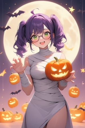 1girl, (purple hair), green eyes, ahoge, (hairstyle twintails), (glasses), mummy dress up, Bandage outfit, Full body bandage, (claw pose), bats, cobweb, pumpkin lantern, moon, blush, (simple halloween background), (eyes highlight), standing, ((upper body)), very beautiful girl, smiling, happy, himecut hairstyle, masterpiece quality, stunning image, masterpiece, 8K, stunning image, light particles, attractive image, reflections,  \medium\,Beautiful eyes,