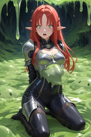 score_9, score_8_up, score_7_up, source_anime, masterpiece, best quality, ((woman, elf, tall, athletic , red hair, black leather armor)), ,afraid , trembling, scared, (cave scenery), kneeling, caught by slimes, (green slime, slime (substance)), arms bent behind back,, ,nianye,slime \(substance\),vore