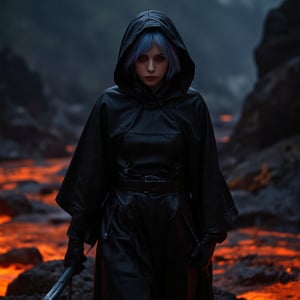 score_9, score_8_up, score_7_up, score_6_up, score_5_up, score_4_up, (masterpiece, 4K, HD), best quality, 20yo girl, light blue hair, wearing a long black hooded leather cloak, completely hidden under the cloak, only her red eyes are visible under the hood, holding a Scythe, hell scenery, dim dark lighting, walking though hell, walking though lava, walking though pits of hell Expressiveh, 1dk, portrait, ral-lava 