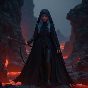 score_9, score_8_up, score_7_up, score_6_up, score_5_up, score_4_up, (masterpiece, 4K, HD), best quality, 20yo girl, light blue hair, wearing a long black hooded leather cloak, completely hidden under the cloak, only her red eyes are visible under the hood, holding a Scythe in one hand, hell scenery, dim dark lighting, walking though hell, walking though lava, walking though pits of hell Expressiveh, 1dk, portrait, ral-lava 