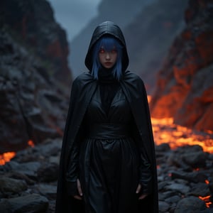 score_9, score_8_up, score_7_up, score_6_up, score_5_up, score_4_up, (masterpiece, 4K, HD), best quality, fullbody, 20yo girl, light blue hair, wearing a long black hooded leather cloak, completely hidden under the cloak, only her red eyes are visible under the hood, hell scenery, dim dark lighting, walking though hell, walking though lava, walking though pits of hell Expressiveh, 1dk, portrait, ral-lava 