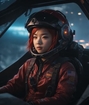 concept art, cinema,  young 13 years asian female, futuristic, fighter pilot, cinematic, movie still, hyperdetailed photography, saturn, HUD, far future, electronics, bright colors, long red hair, visor,(((sitting in cockpit))), realistic, photo