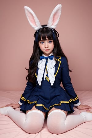 little girl lying on her front resting her face on her hands looking at the viewer, colorful and cheerful background, young,, alternative_costume, blueeyes, wide_hip, , school_uniform,furry female,animal ear,   fluff,body fur,bunny ears,fang, tail ,