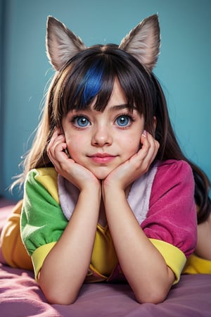 little girl lying on her front resting her face on her hands looking at the viewer, colorful and cheerful background, young,, alternative_costume, blueeyes, wide_hip, , school_uniform,furry female,animal ear,   fluff,body fur,bunny ears,fang, tail ,