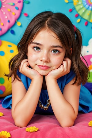 

little girl lying on her front resting her face on her hands looking at the viewer, colorful and cheerful background