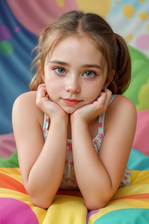 

little girl lying on her front resting her face on her hands looking at the viewer, colorful and cheerful background