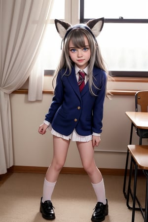 little girl , 12 years old, , crying_with_eyes_open, alternative_costume, blueeyes, full_body, wide_hip, , school_uniform,furry female,animal ear fluff,body fur,animal ears,fang