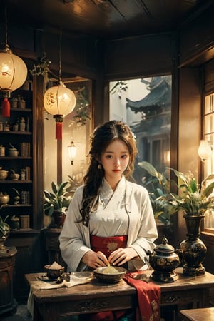 Hyperrealistic art RAW analog photo of an ultra-detailed, cinematic scene featuring a Chinese doctor in traditional attire meticulously preparing a tea formulation in a dimly lit apothecary. The background should showcase an apothecary filled with wall-to-wall shelves adorned with every possible herb label. The atmosphere should be dense with vapor rising from the concoctions, and soft light should emanate from Chinese lamps, casting a realistic and highly detailed ambiance, Emphasize the age and wear of the apothecary furniture, showcasing signs of decay and disrepair, making it clear that this ancient place has seen better days, Chinese girl, increase the contrast between the soft light from the Chinese lamps and the deep shadows in the apothecary, emphasizing the doctor's isolation and the enigmatic nature of the situation, RAW photo, full sharp, detailed face (high detailed skin:1.2), 8k UHD, DSLR, soft lighting, high quality, film grain, Fuji-film XT3s , see through":1.2),xxmix_girl,flower,huayu,Cinematic 