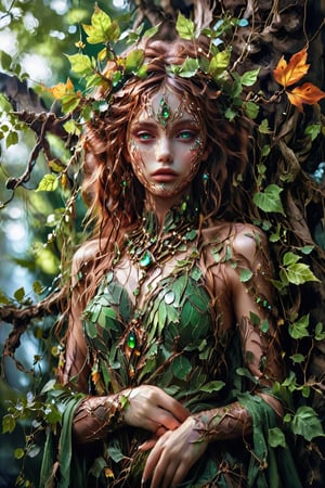 A captivating, sensual Hyperrealistic art RAW analog photo of a sleek and mysterious dryad, her body a fusion of nature and technology, stands amidst a digital landscape. The image is a digital painting, with vibrant colors and intricate details. Her skin is a shimmering blend of bark and circuitry, her hair a cascade of glowing vines. Her eyes, a piercing green, seem to hold secrets of the digital world. She wears a cloak of pixelated leaves, a symbol of her connection to both the natural and virtual realms. This stunning image captures the essence of a modern-day dryad, a being of both beauty and power,xxmix_girl