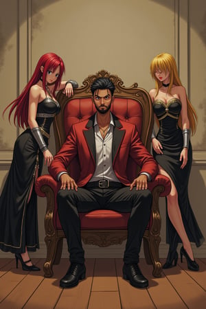 In a classic bedroom setting, three individuals gather around a beautifully crafted wooden chair with ornate cushions. At its center, a young man with dark skin and a chin strap beard sits confidently, his short black hair styled in a modern 7-cut, contrasting his energetic demeanor. To his left, Erza Scarlet from Fairy Tail poses elegantly, her long red locks flowing down her back as she wears an elaborate outfit with lightweight armor accentuating her strength and poise. On his right, Lucy Heartfilia from Fairy Tail stands out in a fitted dress with elegant details, her long blonde hair cascading down her back. The rustic beige wall, worn smooth by time, harmonizes with the wooden floor, creating a cozy atmosphere.