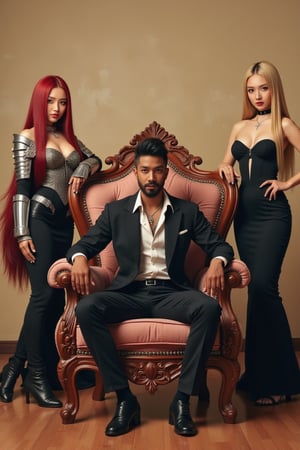 In a classic bedroom setting, three individuals gather around a beautifully crafted wooden chair with ornate cushions. At its center, a young man with dark skin and a chin strap beard sits confidently, his short black hair styled in a modern 7-cut, contrasting his energetic demeanor. To his left, Erza Scarlet from Fairy Tail poses elegantly, her long red locks flowing down her back as she wears an elaborate outfit with lightweight armor accentuating her strength and poise. On his right, Lucy Heartfilia from Fairy Tail stands out in a fitted dress with elegant details, her long blonde hair cascading down her back. The rustic beige wall, worn smooth by time, harmonizes with the wooden floor, creating a cozy atmosphere.