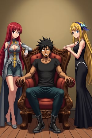 In a classic bedroom setting, three individuals gather around a beautifully crafted wooden chair with ornate cushions. At its center, a young man with dark skin and a chin strap beard sits confidently, his short black hair styled in a modern 7-cut, contrasting his energetic demeanor. To his left, Erza Scarlet from Fairy Tail poses elegantly, her long red locks flowing down her back as she wears an elaborate outfit with lightweight armor accentuating her strength and poise. On his right, Lucy Heartfilia from Fairy Tail stands out in a fitted dress with elegant details, her long blonde hair cascading down her back. The rustic beige wall, worn smooth by time, harmonizes with the wooden floor, creating a cozy atmosphere.