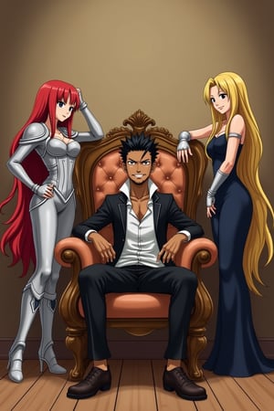 In a classic bedroom setting, three individuals gather around a beautifully crafted wooden chair with ornate cushions. At its center, a young man with dark skin and a chin strap beard sits confidently, his short black hair styled in a modern 7-cut, contrasting his energetic demeanor. To his left, Erza Scarlet from Fairy Tail poses elegantly, her long red locks flowing down her back as she wears an elaborate outfit with lightweight armor accentuating her strength and poise. On his right, Lucy Heartfilia from Fairy Tail stands out in a fitted dress with elegant details, her long blonde hair cascading down her back. The rustic beige wall, worn smooth by time, harmonizes with the wooden floor, creating a cozy atmosphere.