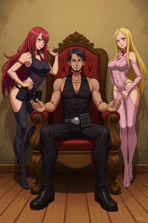 In a classic bedroom setting, three individuals gather around a beautifully crafted wooden chair with ornate cushions. At its center, a young man with dark skin and a chin strap beard sits confidently, his short black hair styled in a modern 7-cut, contrasting his energetic demeanor. To his left, Erza Scarlet from Fairy Tail poses elegantly, her long red locks flowing down her back as she wears an elaborate outfit with lightweight armor accentuating her strength and poise. On his right, Lucy Heartfilia from Fairy Tail stands out in a fitted dress with elegant details, her long blonde hair cascading down her back. The rustic beige wall, worn smooth by time, harmonizes with the wooden floor, creating a cozy atmosphere.