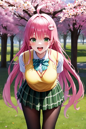 masterpiece, best quality, highres, aalala, long hair, ahoge, hair ornament, green eyes, breasts, school uniform, green bowtie, collared shirt, white shirt, sweater vest, yellow vest, short sleeves, plaid skirt, green skirt, , arms behind back, leaning forward, standing, outdoors, smile, open mouth, cherry blossoms, black tighhighs