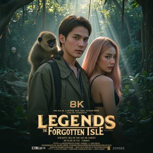 masterpiece,best quality, extremely detailed 8k,8k resolution,exquisite facial features,prefect face, A highly detailed and ultra-realistic 8K movie poster titled ‘Legends of the Forgotten Isle.’ The scene captures a dangerous, mysterious deserted island with ancient ruins, dense jungle, and scattered skulls hinting at past perils. At the center are the leads: a handsome Korean-style male adventurer with bronze hair and a confident look, dressed in rugged survival gear with his pygmy monkey perched on his shoulder. Beside him stands a stunning Korean-style female with pink hair, dressed in a practical yet daring outfit, exuding both beauty and strength. The background features a menacing antagonist and a wise elder with tribal tattoos. The title ‘Legends of the Forgotten Isle’ is at the bottom, with the caption: ‘Stranded on a forgotten island, uncover its secrets or face its wrath.’ The poster is sharp, detailed, and immersively cinematic.