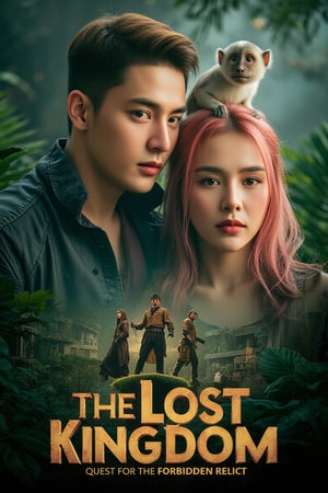 masterpiece,best quality, extremely detailed 8k,8k resolution,exquisite facial features,prefect face, A highly detailed and ultra-realistic 8K movie poster titled ‘The Lost Kingdom: Quest for the Forbidden Relic,’ set in a thrilling, mysterious adventure style inspired by classic jungle exploration films. The scene vividly captures a rugged and lush jungle environment with photorealistic details, including ancient ruins and hidden dangers lurking in the dense foliage. At the center of the poster are the main characters: a handsome male lead with bronze hair and white skin, featuring sharp, attractive features reminiscent of a Korean movie star, with a strong jawline, captivating eyes, and a confident yet charming expression. He is dressed in stylish adventure gear with lifelike textures, and his loyal pygmy monkey, rendered in stunning detail, perches on his shoulder, adding a touch of wild charm. Beside him is the beautiful female lead with pink hair and fair skin, with a face that is breathtakingly stunning like a top Korean actress. She has delicate yet striking features, including big, expressive eyes, a flawless complexion, and an alluring smile. She is dressed in a daring, form-fitting adventure outfit that highlights her confident and adventurous spirit, exuding a mix of fierceness and allure. Supporting characters include a menacing villain in dark attire with a sinister gaze, a wise elder with intricate tribal tattoos and an air of mystery, and a comedic sidekick in authentic explorer gear, adding a touch of humor. The lighting is dramatic, casting dynamic shadows that highlight the characters and the jungle’s hidden threats, with rich, vivid colors emphasizing the sense of adventure. The title ‘The Lost Kingdom: Quest for the Forbidden Relic’ is boldly placed at the bottom in a stylized, adventure-themed font. Below the title, the caption reads: ‘Embark on the ultimate adventure into the heart of a mysterious land where danger and wonder collide. Only the brave can uncover the secrets of the Lost Kingdom.’ The entire composition is designed to be as sharp, detailed, and realistic as possible, capturing the audience’s attention with an immersive 8K cinematic quality.