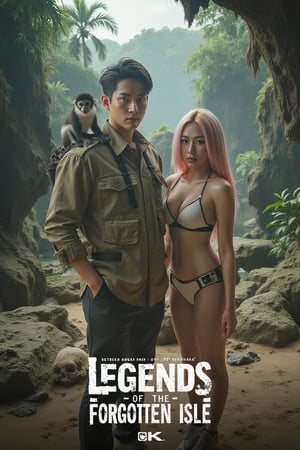 masterpiece,best quality, extremely detailed 8k,8k resolution,exquisite facial features,prefect face, A highly detailed and ultra-realistic 8K movie poster titled ‘Legends of the Forgotten Isle,’ set in a thrilling, mysterious adventure style inspired by classic island survival and exploration films. The scene vividly captures a desolate, uncharted island with rugged cliffs, dense tropical vegetation, and eerie remnants of an ancient civilization. Scattered throughout the background are decaying ruins and ominous skulls partially buried in the sand, adding a sense of danger and foreboding. At the center of the poster are the main characters: a handsome male lead with bronze hair and white skin, featuring sharp, attractive features reminiscent of a Korean movie star, with a strong jawline, captivating eyes, and a confident yet determined expression. He is dressed in rugged survival gear, with weathered textures reflecting the harsh island environment, and his loyal pygmy monkey, rendered in stunning detail, perches on his shoulder, adding a touch of wild charm. Beside him stands the beautiful female lead with pink hair and fair skin, with a face that is breathtakingly stunning like a top Korean actress. She has delicate yet striking features, including big, expressive eyes, a flawless complexion, and an alluring smile. She is dressed in a daring, practical outfit suitable for survival, emphasizing her confidence and adventurous spirit while hinting at her resourcefulness. The atmosphere is filled with tension and intrigue, with the lighting casting dramatic shadows over the characters and highlighting the danger of the island. Supporting characters include a cunning antagonist hiding among the ruins with a sinister gaze, a wise elder with tribal tattoos who holds secrets of the island, and a comedic sidekick in tattered explorer gear, adding a touch of humor amid the peril. The title ‘Legends of the Forgotten Isle’ is boldly placed at the bottom in a stylized, adventure-themed font. Below the title, the caption reads: ‘Stranded on an island lost to time, they must uncover its deadly secrets or become its next victims. Only the brave survive.’ The entire composition is designed to be as sharp, detailed, and realistic as possible, capturing the audience’s attention with an immersive 8K cinematic quality and an atmosphere that combines the beauty and danger of a forgotten island.