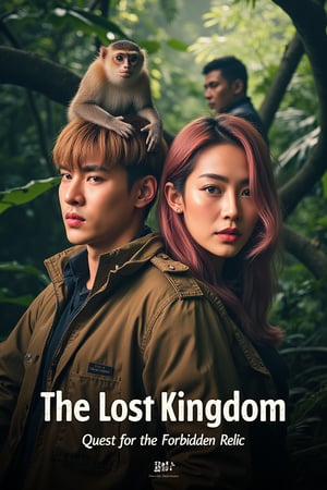 masterpiece,best quality, extremely detailed 8k,8k resolution,exquisite facial features,prefect face, A highly detailed and ultra-realistic 8K movie poster titled ‘The Lost Kingdom: Quest for the Forbidden Relic,’ set in a thrilling, mysterious adventure style inspired by classic jungle exploration films. The scene vividly captures a rugged and lush jungle environment with photorealistic details, including ancient ruins and hidden dangers lurking in the dense foliage. At the center of the poster are the main characters: a handsome male lead with bronze hair and white skin, featuring sharp, attractive features reminiscent of a Korean movie star, with a strong jawline, captivating eyes, and a confident yet charming expression. He is dressed in stylish adventure gear with lifelike textures, and his loyal pygmy monkey, rendered in stunning detail, perches on his shoulder, adding a touch of wild charm. Beside him is the beautiful female lead with pink hair and fair skin, with a face that is breathtakingly stunning like a top Korean actress. She has delicate yet striking features, including big, expressive eyes, a flawless complexion, and an alluring smile. She is dressed in a daring, form-fitting adventure outfit that highlights her confident and adventurous spirit, exuding a mix of fierceness and allure. Supporting characters include a menacing villain in dark attire with a sinister gaze, a wise elder with intricate tribal tattoos and an air of mystery, and a comedic sidekick in authentic explorer gear, adding a touch of humor. The lighting is dramatic, casting dynamic shadows that highlight the characters and the jungle’s hidden threats, with rich, vivid colors emphasizing the sense of adventure. The title ‘The Lost Kingdom: Quest for the Forbidden Relic’ is boldly placed at the bottom in a stylized, adventure-themed font. Below the title, the caption reads: ‘Embark on the ultimate adventure into the heart of a mysterious land where danger and wonder collide. Only the brave can uncover the secrets of the Lost Kingdom.’ The entire composition is designed to be as sharp, detailed, and realistic as possible, capturing the audience’s attention with an immersive 8K cinematic quality.