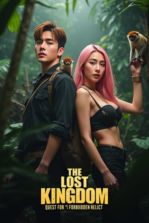 masterpiece,best quality, extremely detailed 8k,8k resolution,exquisite facial features,prefect face, A highly detailed and ultra-realistic 8K movie poster titled ‘The Lost Kingdom: Quest for the Forbidden Relic,’ set in a thrilling, mysterious adventure style inspired by classic jungle exploration films. The scene vividly captures a rugged and lush jungle environment with photorealistic details, including ancient ruins and hidden dangers lurking in the dense foliage. At the center of the poster are the main characters: a handsome male lead with bronze hair and white skin, featuring sharp, attractive features reminiscent of a Korean movie star, with a strong jawline, captivating eyes, and a confident yet charming expression. He is dressed in stylish adventure gear with lifelike textures, and his loyal pygmy monkey, rendered in stunning detail, perches on his shoulder, adding a touch of wild charm. Beside him is the beautiful female lead with pink hair and fair skin, with a face that is breathtakingly stunning like a top Korean actress. She has delicate yet striking features, including big, expressive eyes, a flawless complexion, and an alluring smile. She is dressed in a daring, form-fitting adventure outfit that highlights her confident and adventurous spirit, exuding a mix of fierceness and allure. Supporting characters include a menacing villain in dark attire with a sinister gaze, a wise elder with intricate tribal tattoos and an air of mystery, and a comedic sidekick in authentic explorer gear, adding a touch of humor. The lighting is dramatic, casting dynamic shadows that highlight the characters and the jungle’s hidden threats, with rich, vivid colors emphasizing the sense of adventure. The title ‘The Lost Kingdom: Quest for the Forbidden Relic’ is boldly placed at the bottom in a stylized, adventure-themed font. Below the title, the caption reads: ‘Embark on the ultimate adventure into the heart of a mysterious land where danger and wonder collide. Only the brave can uncover the secrets of the Lost Kingdom.’ The entire composition is designed to be as sharp, detailed, and realistic as possible, capturing the audience’s attention with an immersive 8K cinematic quality.