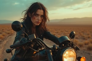 plano panoramico, A woman time-traveler stands out against a desolate landscape on a modified Harley Davidson Sportster. Cinematic lighting casts a warm glow from reflection lights, simulating harsh reality. The subject's bloodshot eyes, furrowed brow, and hollow gaze seem to conceal secrets as the camera captures every detail at f/1.2 through a 135mm Nikon or Hasselblad lens. The image is rendered in stunning 8K resolution with enhanced realism, showcasing accurate anatomy and super detailing.