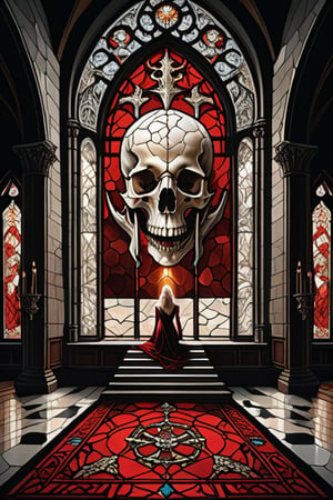 A grandiose poster illustration set within the majestic Stone Salon of the Throne of Bones, a 4K masterpiece. A luminous red and white stained glass window above casts a warm glow, contrasting with the dark shadows. In the center, a pale-skinned beauty with long hair cascading down her back walks barefoot along a crimson carpet, veiled eyes ahead. The carpet leads to the imposing Throne of Bones, an enormous dragon skull mouth agape on the floor littered with human and animal bones. Faint light reflects off the subject's body, as if from the stained glass above, casting a surreal atmosphere.,score_9,score_8_up,score_7_up,rating_explicit,painting,oil-on-canvas style of classic painting,Fantasy detailers 