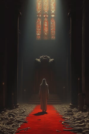 A grandiose poster illustration set within the majestic Stone Salon of the Throne of Bones, a 4K masterpiece. A luminous red and white stained glass window above casts a warm glow, contrasting with the dark shadows. In the center, a pale-skinned beauty with long hair cascading down her back walks barefoot along a crimson carpet, veiled eyes ahead. The carpet leads to the imposing Throne of Bones, an enormous dragon skull mouth agape on the floor littered with human and animal bones. Faint light reflects off the subject's body, as if from the stained glass above, casting a surreal atmosphere.,score_9,score_8_up,score_7_up,rating_explicit,painting,oil-on-canvas style of classic painting,Fantasy detailers 