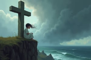 illustration in the style of Gaspar Friedrich, stormy sky, the ocean on the horizon, on the edge of a cliff, a large stone cross. A girl is leaning on the cross, looking into the distance, the wind moves her hair.