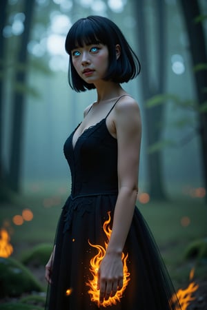 1girl, short bangs haired girl, standing in the forest, black princess dress, lace flames burning on the dress,, flaming blue eyes,, misty forest, cinematic colors,