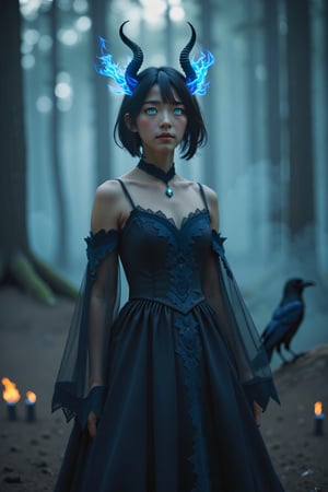 short pony hair girl, standing in the forest, black princess dress, burning blue flames, lacy flames burning on the dress, bright blue eyes, misty forest, cinematic colors, trees full of crows, horned ponies,