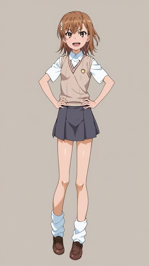 score_7_up, BREAK,
 source_anime, toaru_as, full body, simple background, (1girl), solo, brown footwear,
 misaka mikoto, brown hair, medium hair, short hair, jaggy lines, hair ornament, brown eyes,
 open mouth, smile,
 hands on hip, looking at viewer, standing,
 tokiwadai school uniform, school uniform, summer uniform, brown sweater vest, loafers, loose socks, pleated skirt, white shirt, sleeveless sweater, shorts, short sleeves, school emblem, 