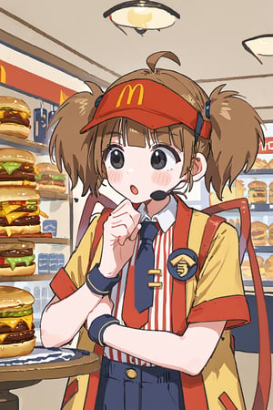 masterpiece,best quality,(1girl:1.4), solo,
wchi, necktie, twintails, visor cap, brown hair, ahoge,bandaid, black eyes, headset, wristband, short sleeves, collared shirt, eyebrows visible through hair, blunt bangs, shirt tucked in, yellow jacket, blue shorts, badge, blush stickers,vertical-striped shirt,
hamburger store, ceiling, feet out of frame, looking ahead, open mouth