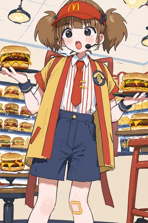 masterpiece,best quality,(1girl:1.4), solo,
wchi, necktie, twintails, visor cap, brown hair, ahoge,bandaid, black eyes, headset, wristband, short sleeves, collared shirt, eyebrows visible through hair, blunt bangs, shirt tucked in, yellow jacket, blue shorts, badge, blush stickers,vertical-striped shirt,
hamburger store, ceiling, feet out of frame, looking ahead, open mouth