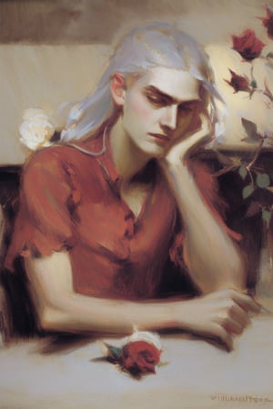 By WIlliam Waterhouse, 1 boy, androgynous, with long white hair, resting in a rose garden, wearing a thing ((red)) blouse, soft lighting, loose brushstrokes 