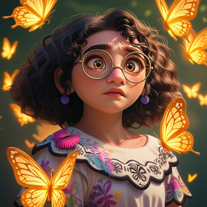 score_9, score_8, score_7, score_6, rating_questionable, MirabelM, 1girl, Glasses, portrait, glowing golden butterflies