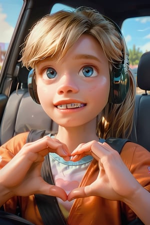 score_9, score_8_up, score_7_up, score_6_up, score_5_up, score_4_up, 1girl, Riley_2, portrait , ponytail, headphones, heart hands, in a car, teeth