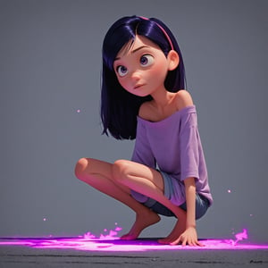 score_9, score_8_up, score_7_up, score_6_up, score_5_up, score_4_up, 1girl,VioletP, violet eyes, crouching, pose, loose shirt, exposed shoulder, teenager, barefoot, shorts, skinny, purple energy