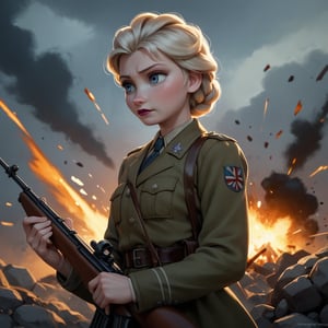 score_9, score_8_up, score_7_up, score_6_up, score_5_up, score_4_up, 1girl, Elsa, holding a rifle, world war 2, explosion, solo, dust clouds,