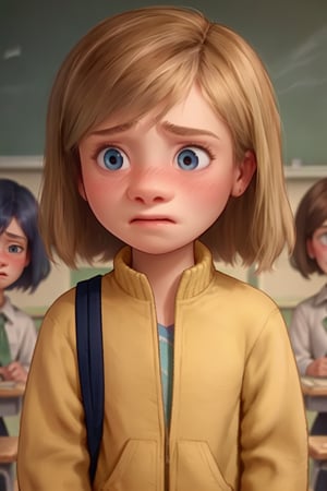 score_9, score_8_up, score_7_up, score_6_up, score_5_up, score_4_up, 1girl, Riley_1, portrait, short hair, classroom, standing, yellow jacket, embarrassed, blushing 